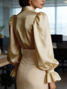 Women's Satin Silk Blouses Dressy Lantern Long Sleeve Shirts Button Down Work Business Casual Tops Vintage Loose Fit Puff Sleeve Blouse Dressy Tops - 杏色 - 查看 2