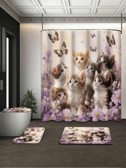 Cute Kitten Butterfly Floral 4 Piece Shower Curtain Set, Pastel Purple Pet Bathroom Decor With Toilet Lid Cover, Non-Slip Bath Rug And 12 Hooks, Waterproof Polyester, 180cm*180cm