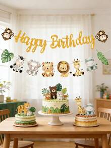 一套丛林动物主题生日快乐横幅，丛林动物狩猎主题生日派对横幅，一周岁生日派对三角旗，野性派对背景装饰，男孩女孩生日派对用品，婴儿派对悬挂装饰，新生儿派对墙面装饰，一周岁生日派对横幅，婴儿派对装饰，婴儿房装饰，生日礼物，丛林派对装饰，生日礼物，性别揭晓派对装饰，派对礼品 - 叢林動物 - 查看 2