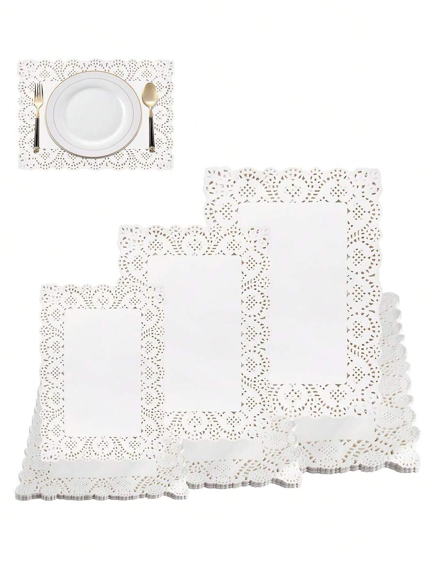 50/100pcs Rectangular Paper Placemats, Disposable Grease-Proof Lace Placemats, Suitable For Placemats, Wedding Birthday Party Dessert Table Food Decoration, 3 Sizes Available - View 1