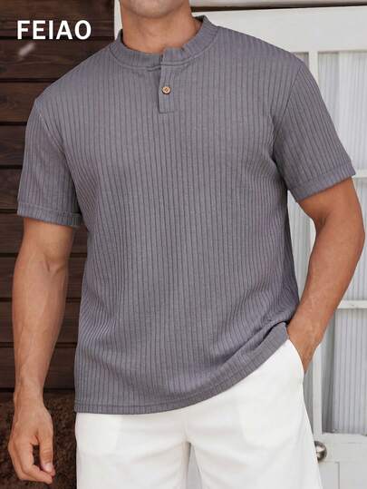 Camicia polo a maniche corte da uomo FEIAO, stile retrò americano ispirato alle vecchie banconote, colore unito classico a costine, con mezza patta con un solo bottone, versatile e adatta per il pendolarismo e il tempo libero, ideale per i viaggi