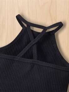 Traje de pantalón para niña, informal, tejido de calle, chaleco de verano, pantalones vaqueros largos con bolsillos - Negro - Ver 3