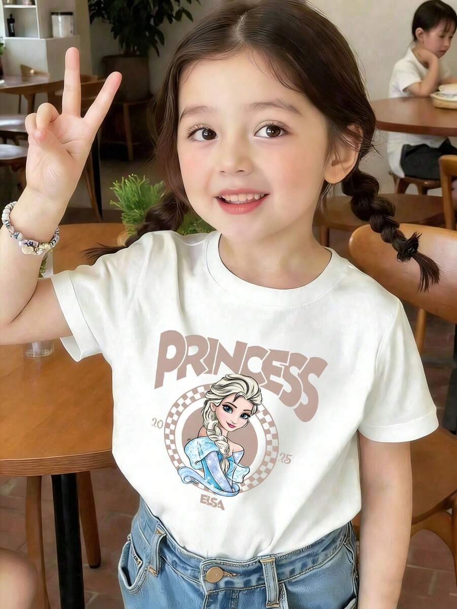 Disney Shining Boy: (Double-Sided Printing) Elsa, Merida, Moana, Tiana, Lepe, Ariel, Snow White Cartoon Printed T-Shirt, Suitable For Spring And Summer Seasons, Making Babies Unable To Put It Down. Instantly Become The Focus, Cute Little Baby, The First Choice For Holiday Gifts. - Blanc - Voir 1