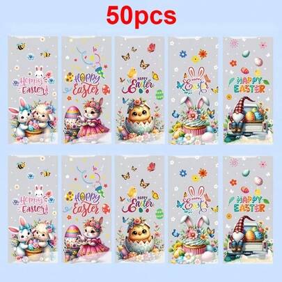 50pcs Easter Gift Bags, Holiday Plastic Candy And Cookie Bags For Celebration Events And Party Favors, Vibrant Holiday Design Decor Cookie Bags Candy Bags