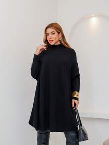Women's Longline Knit Sweater With High Neck, Oversized Modal Fabric, Winter 3RD SD3035 - 黑色 - 查看 1