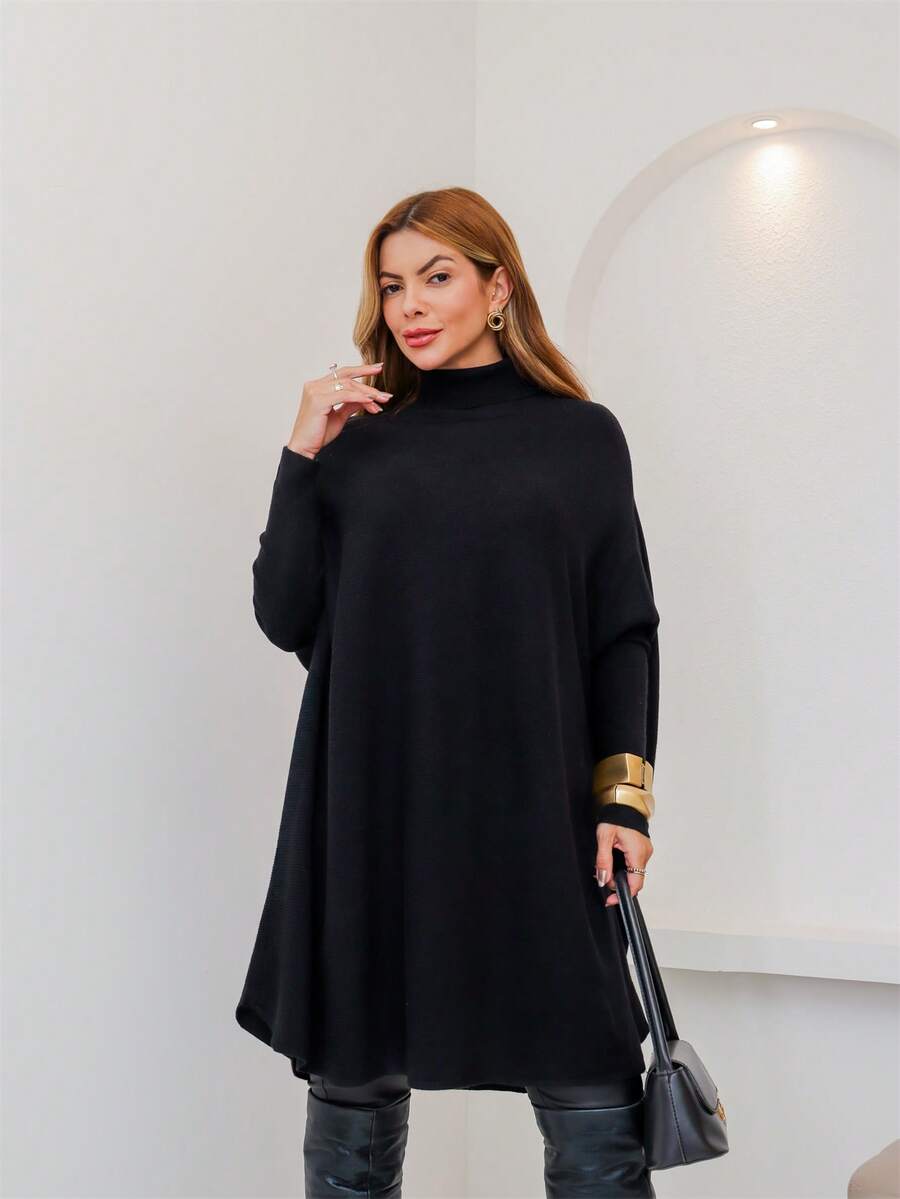 Women's Longline Knit Sweater With High Neck, Oversized Modal Fabric, Winter 3RD SD3035 - 黑色 - 查看 1