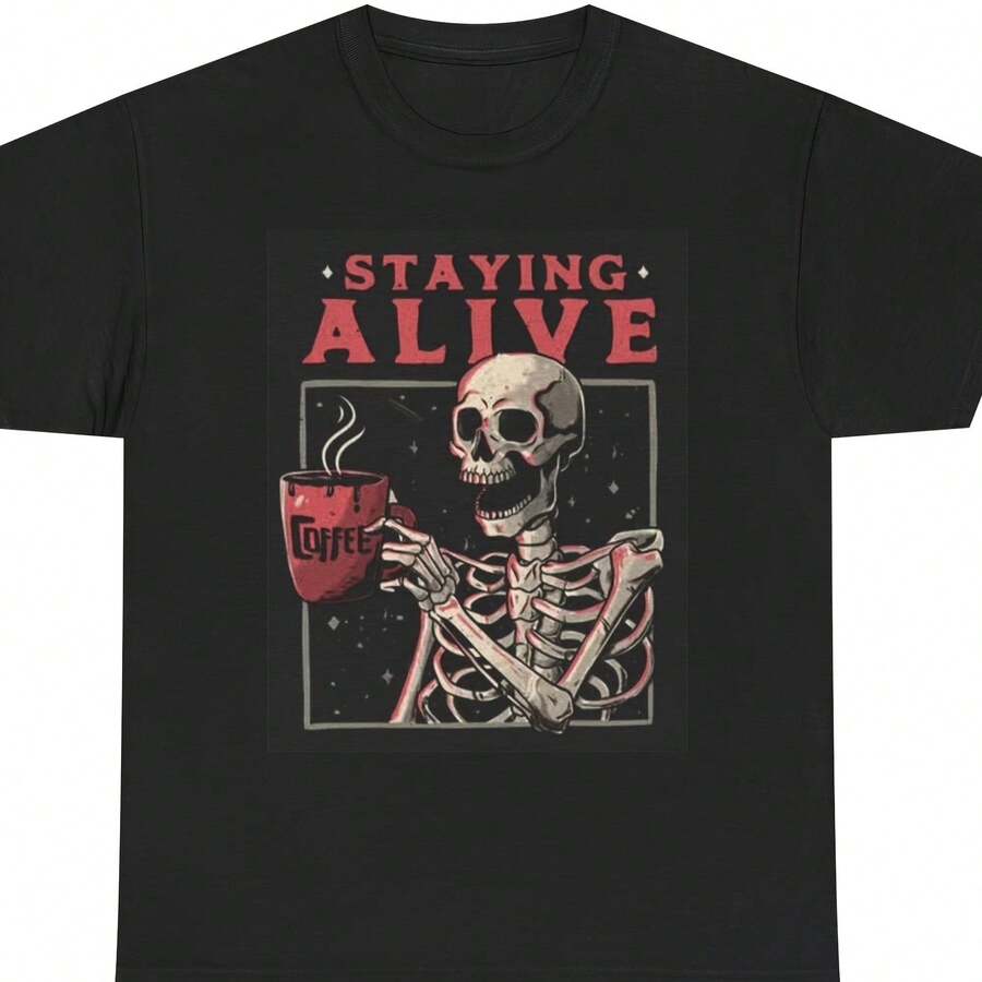 Staying Al Graphic T Shirt Funny Retro Skeleton Uni Heavy Cotton Tee - 黑色 - 查看 1