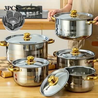 TAIMASI [10pcs Stainless Steel Pot Set] 10pcs Stainless Steel Pot Set, Multi-Size Cooking Pots With 5 POTS + 5 LIDS | Deep Stock Pot, Suitable For Home And Restaurant Cooking, Soups, Hot Pots, Noodles, Pasta, Seafood Soups
