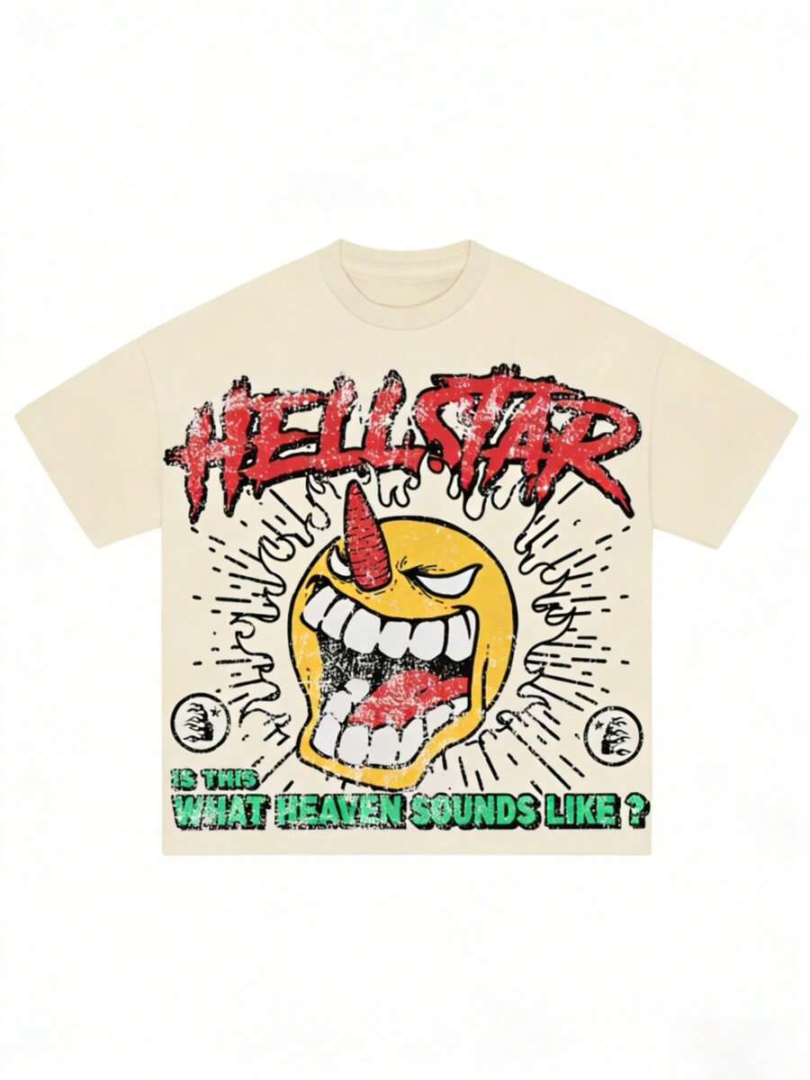 Y2K HELLSTARs "Is This What Heaven Sounds Like?" Red Graffiti Typography With Horned  Print Graphic Tee,Casual Print,Comfortable And Versatile,Pure Heavy 220g 100% Cotton Printed T-Shirt,Unisex Style,1 Pcs - Apricot - View 1