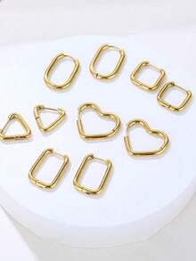 10件套几何造型不锈钢耳环套装，金色不锈钢夹式耳环，心形、三角形、方形、多边形钛钢耳环，时尚女士日常佩戴饰品 - 金色 - 查看 1