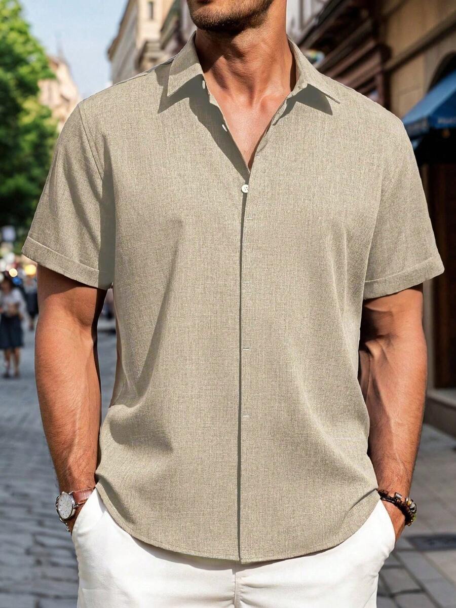 Mens Linen Shirt Classic Button Down Shirt Lightweight Casual Short Sleeve Blouse Holiday Summer Tops With Pocket - 卡其色 - 查看 1