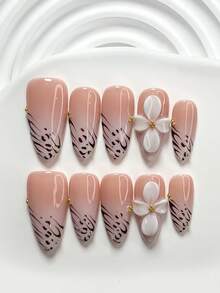 10pcs Mori Style Resin Nail Art Set, Acrylic Pressed Nails, 3D White Floral Nail Decor, Gold Beads, Hand-Painted Brown Branches, Dotted Nail Decorations, White Nail Polish, Includes Nail Tools (1 Jelly Sticker + 1 Nail File), 3 Sizes Available: Square, Short Square, Almond - 彩色 - 查看 18