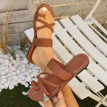 Sandalias trenzadas para mujer, correa elástica sin cordones, zapatos ligeros de playa, zapatos cómodos y antideslizantes para vacaciones. - Marrón Mocha - Ver 1