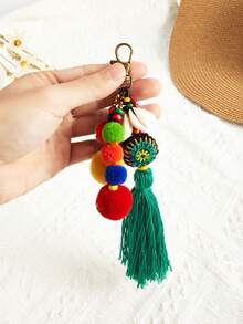 1PC Bohemian Style Hand Woven Rainbow Fringe Keychain Pendant, Wooden Carved Coconut Shell Five Pointed Star Turtle Keychain, Suitable For Party Gifts - Multicolor - View 1