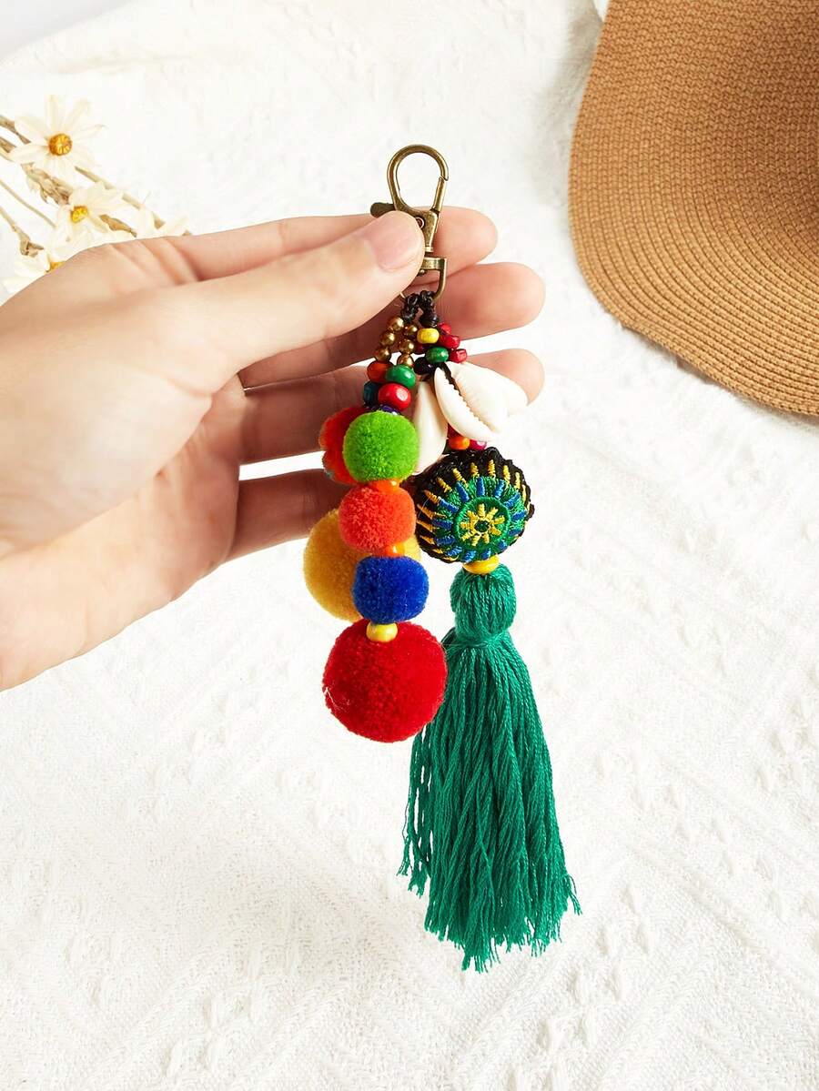 1PC Bohemian Style Hand Woven Rainbow Fringe Keychain Pendant, Wooden Carved Coconut Shell Five Pointed Star Turtle Keychain, Suitable For Party Gifts - Multicolor - View 1