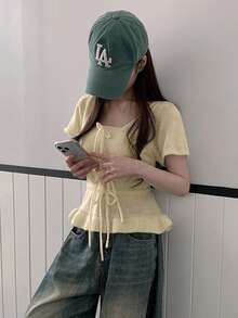 女式荷叶边下摆休闲短款上衣，适合春夏季 - 杏色 - 查看 4