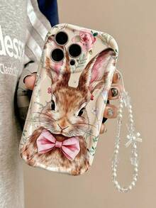 Minimalist Retro Cute Bow Rabbit Easter Pattern 2D Thick Anti-Drop Phone Case, Comes With White Pearl Bow Lanyard, Suitable For Self-Use Or Gift, Compatible With IPhone11/12/13/14/15 Pro Max, Galaxy A04/A05/A13/A14/A15/A24/A25/A35/A54/A55/S23/S24,International Version, Not The Domestic Version - White - View 2