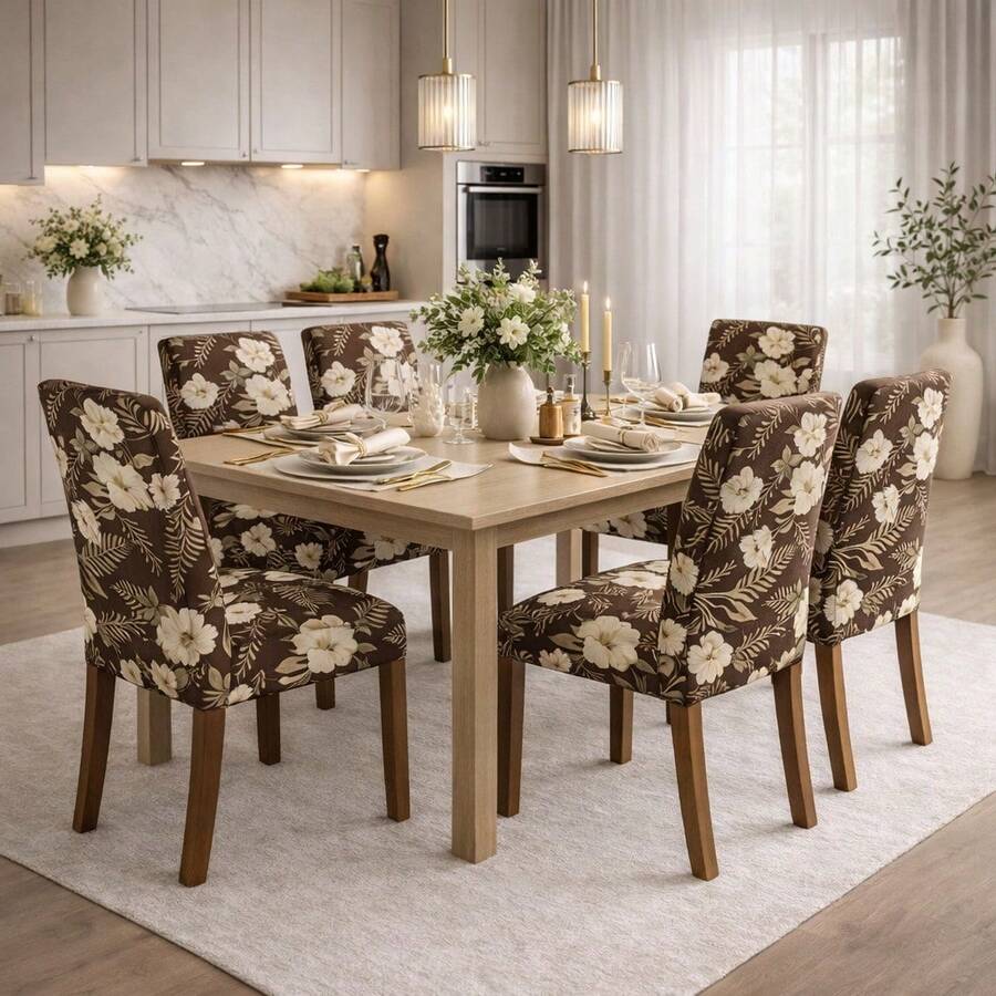 Chair Cover Set For 6 People, Kitchen/Dining Room, Printed Gel Knit - Brown Floral - View 1