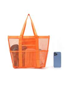 Hollow Polyester Mesh Large Capacity Beach Bag, Travel Laundry Bag, Swimming Storage Bag, Minimalist Mesh Beach Bag, Mother's Day Gift For Mom - Burnt Orange - View 4
