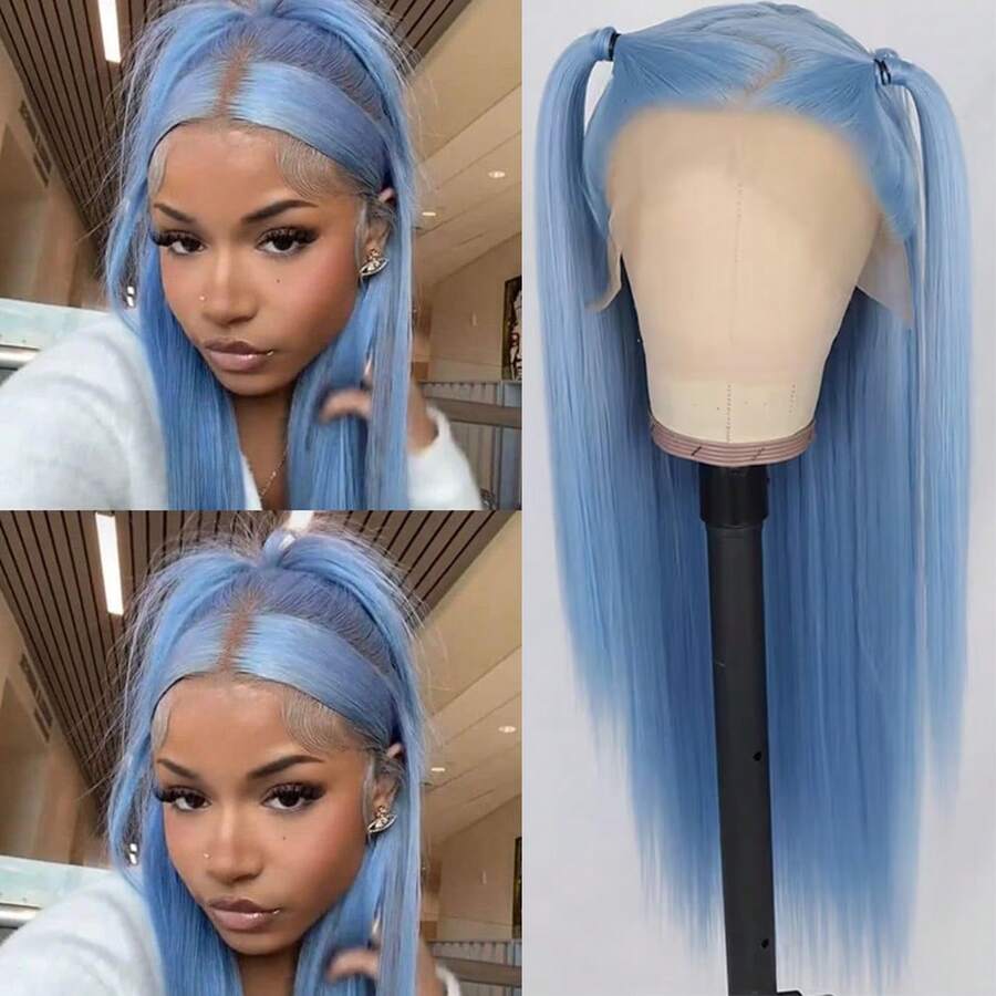 13X6 Free Part Platinum Blonde Lace Front Wigs 28 Inch Pre Plucked Long Straight Hair Wigs Glueless Soft Ash Blonde Colored Wigs Heat Resistant Fiber Hair Synthetic Lace Front Wigs For Women For Daily Christmas Party Cosplay Use - 藍色 - 查看 1