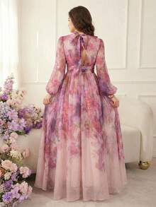 Women's Elegant Random Floral Print V-Neck Lantern Sleeve Long Dress, Soft Dress For Summer, Vacation Pink Spring - Pink - View 2
