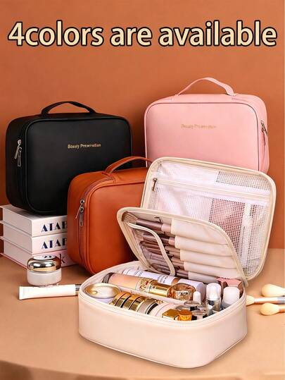 1pc Multi-Functional Travel Makeup Bag, Cosmetic Storage Organizer With Compartments, Detachable Layers, Waterproof PU, Large Capacity, Convenient Handbag For Skincare, Makeup, Brushes, Powder, Lipstick, Suitable For Beach, School, Bathroom, Holidays, Valentine's Day, Christmas, Mother's Day Gifts For Mom, Family, Friends