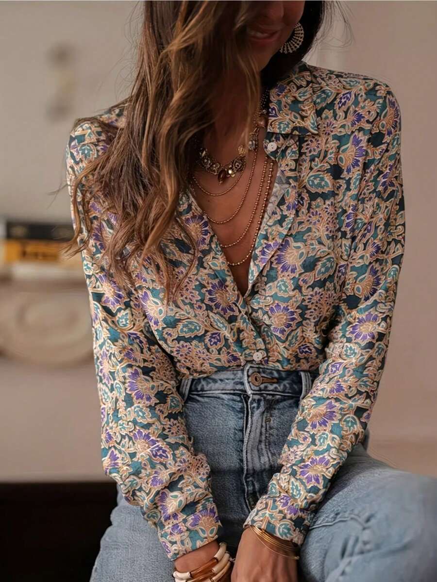 春夏新款女式上衣，全印花，百搭显瘦，时尚优雅的防晒衬衫，翻领长袖。 - 彩色 - 查看 1