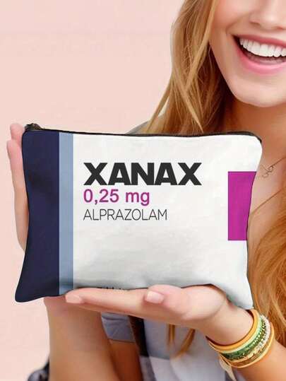 1个Leksal Xanax（阿普唑仑）药品收纳袋 - 0.25毫克阿普唑仑片剂收纳袋，带拉链，可作化妆包、印花图案收纳袋、小物件收纳袋、化妆品收纳袋、洗漱包、化妆刷收纳袋、手拿包，轻便可折叠收纳袋