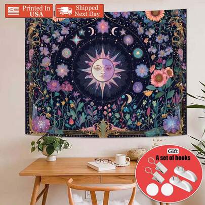 Sun And Moon Fabric Retro Wall Hanging Decorations - Dreamy Purple And Pink Star Butterfly Floral Fabric Decorations - Suitable For Living Rooms, Bedrooms, Offices, Home Decoration / Room Decoration / Party Decoration, Wall Decoration, Room Decoration Accessories, Durable Fabric, Easy To Hang, Polyester Decorative Wall Hanging, Home Goods, Friends, Couple Pattern Fabric Decorations. Suitable For Wall Decorations For Occasions Such As Birthdays, Weddings, Halloween, Christmas, Parties, Father's Day, Mother's Day, Valentine's Day, Easter, Etc.