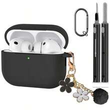 1 Set Apple Protective Case, Silicone Solid Color Integrated Earphone Cover With Flower Hanging Chain, Carabiner And Cleaning Brush, Suitable As Gift - 黑色 - 查看 12