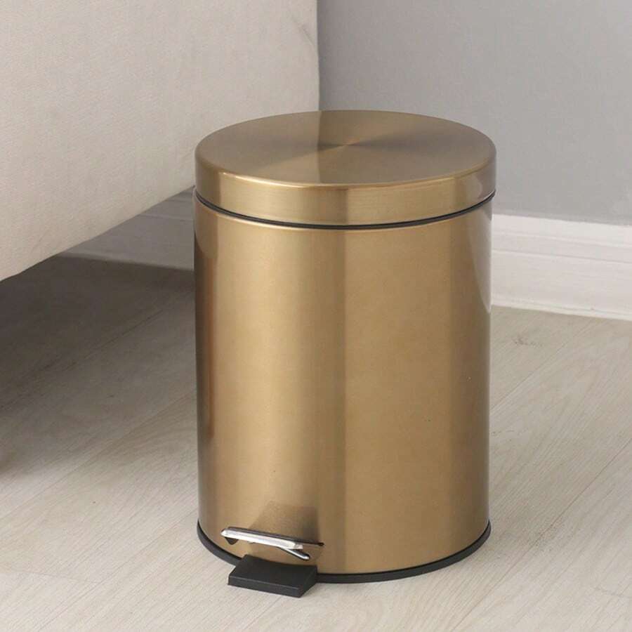 1pc Golden Stainless Steel Trash Can, Pedal Step, Round, Silent-Close Lid, Anti-Fingerprint, Rustic Look For Bathroom, Kitchen, Office - Multicolor - View 1