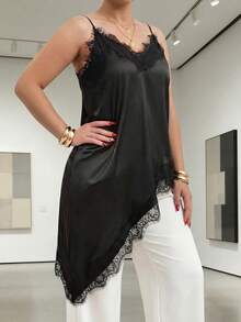 Plus Size Women's Lace Trim V-Neck Sleeveless Camisole, Stretch Satin Asymmetric Hem Cami Tank Top, Sexy Multi-Layer Blouse Suitable For Office, Dates, Daily Wear (YY1277) Casual Black Summer - Black - View 5