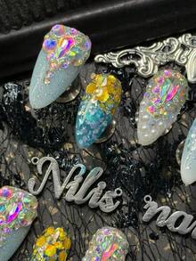 10pcs Handmade Full Coverage Almond Shaped Nail Tips, Blue Series, Decorated With Glitter, Rhinestones And Pearls, Reusable, Suitable For Spring/Summer, Y2K Luxury Ocean Style Fake Nails, Suitable For Party And Daily Wear, Comes With Jelly Glue And Nail File - Blue - View 6