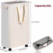 Slim Laundry Hamper With Wheels, Rolling Laundry Basket For Clothes, Small Laundry Basket For Bedroom, Dorm And Laundry Room, 60L (12.7 Gallons) Beige - Màu be - Xem 4