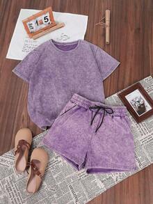 2pcs/Set Women's Cotton Summer Street Fashion Outfit, Korean Vintage Basic Commute Versatile Y2K Style, Suitable For Outdoor Leisure, Regular Niche Punk Purple Fitted Round Neck Short Sleeve Washed T-Shirt And Shorts - 多色 2 - 查看 7