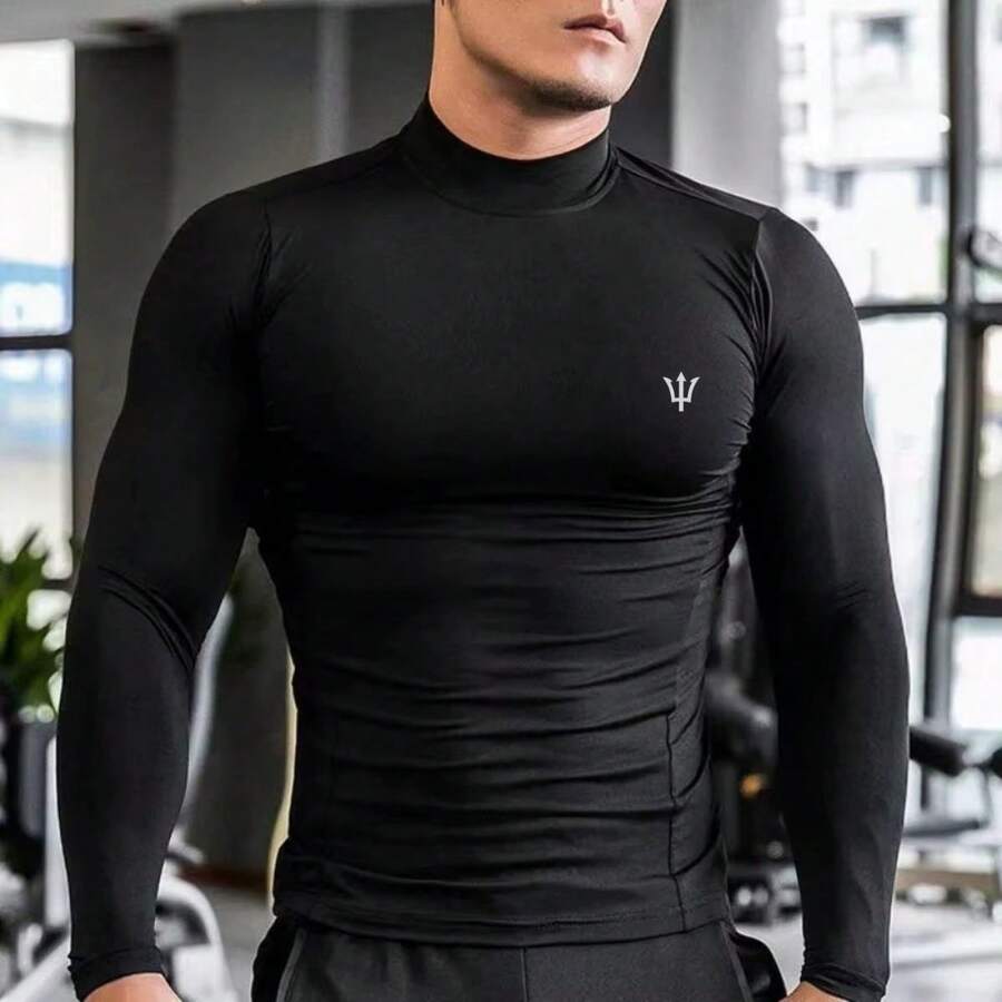 Men's Thermal T-Shirt With High Neck, UV Sun Protection, Second Skin, Long Sleeves - 黑色 - 查看 1