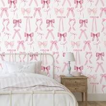 ihomeli Pink Bow Plaid Removable Wallpaper, Pink Bow Wallpaper, Pink Bow Plaid Removable Wallpaper - Peelable Wallpaper, Pink Nursery, Soft Pink Wallpaper, Peelable And Repositionable Canvas Watercolor Bow - Multicolor - View 9