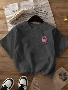 大码女式T恤，“随波逐流”字母印花，休闲圆领，双面图案设计，短袖，女式T恤，大码夏季服装，大码宽松夏季T恤上衣，时尚女式上衣，夏季女式T恤，情人节，情人节女装，新年女装 - 深灰色 - 查看 6