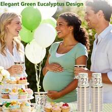 10/20/40 pezzi Tazze di carta monouso da 9 once con stampa in oro a foglia e motivo di eucalipto HelloBaby, decorazione verde neutra, adatte per feste di rivelazione del sesso del bambino, battesimo e doccia, decorazioni per feste di benvenuto del bambino - Visualizzare 5