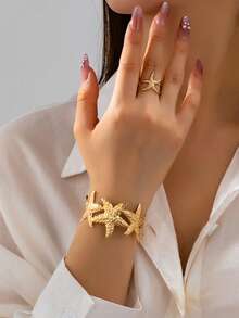 2pcs Summer Beach Vacation Metal Starfish Bracelet And Ring Jewelry Set For Women - Yellow Gold - View 1