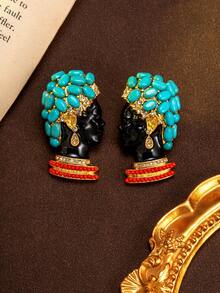 Une paire de boucles d'oreilles à tige vintage de style milieu de siècle, avec incrustation de turquoise synthétique et émail peint à la main. Délicates, conviennent pour un port quotidien, des banquets, des fêtes et des occasions festives. Également adaptées comme cadeau. - Turquoise - Voir 3