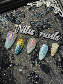 10pcs Handmade Full Coverage Almond Shaped Nail Tips, Blue Series, Decorated With Glitter, Rhinestones And Pearls, Reusable, Suitable For Spring/Summer, Y2K Luxury Ocean Style Fake Nails, Suitable For Party And Daily Wear, Comes With Jelly Glue And Nail File - Blue - View 7