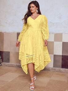 Simplee Plus Size Women's Summer New Lace Trim Patchwork Dress, V-Neck Design, Asymmetric Hem, Suitable For Party, Wedding, Birthday, Vacation Elegant - Yellow - View 3