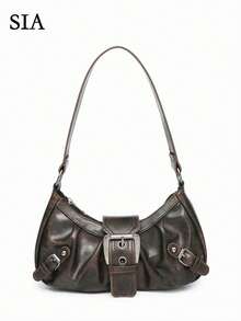 1pc Women Retro Biker Chic Studded Adjustable Strap Crossbody Bag, Large Capacity Soft Gradient Leather Shoulder/Underarm Bag, Suitable For Work, Dating, Parties, Vintage Bag For Women, Halloween Purse Perfect For Fancy Party Halloween Fashion & Gothic Fashion , Office Bag - 棕色 - 查看 4
