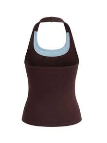 Women Tank Tops Halter Neck Sleeveless Contrast Color Fake Two-Piece Summer Slim Fit Vest - Brown - View 7