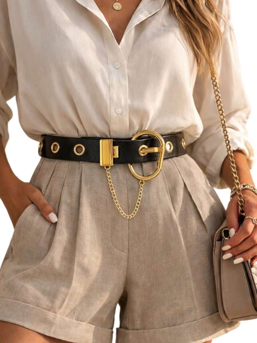 Women's Belt With Chain Buckle - Black - View 1