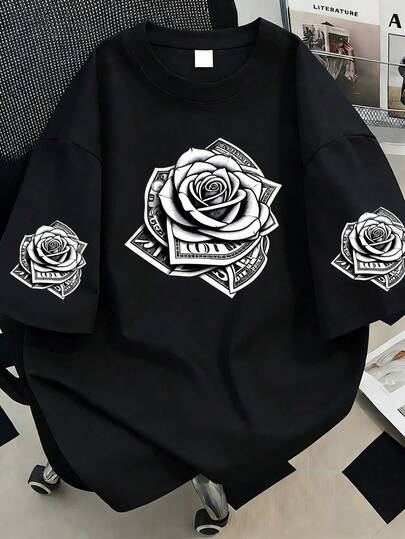 Rose & Dollar Print Round Neck T-Shirt, Plus Size Women's Casual Summer Fashion Short Sleeve. Suitable For Summer Vacation, Beach, Holiday, Spring, Valentine's Day, Carnival Outfit Black