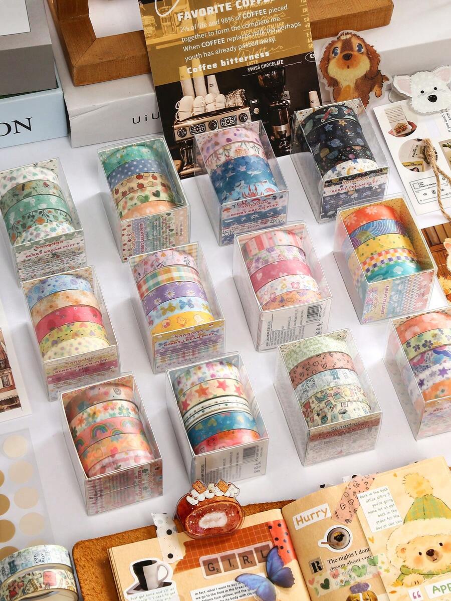 5 Rolls/Box Of Delicate Plant Floral Patterns Washi Tape, Sea Creatures And Planet Print Creative Design Handbook Decoration Tape, Especially Suitable For Decorating Scrapbooks And School Supplies, Surprise Gifts For Friends - Sets - View 1