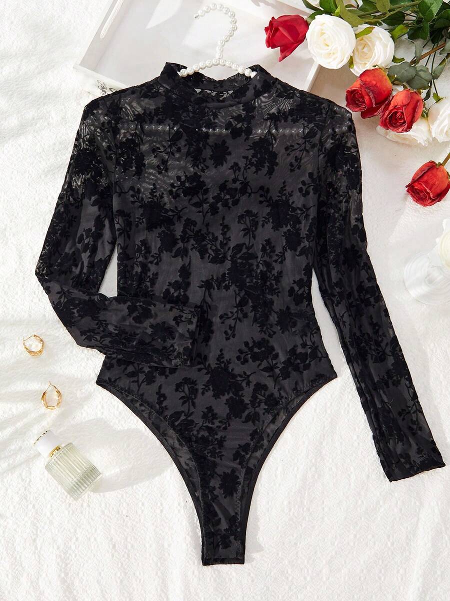 Black Sheer Mesh Velvet Floral Long Sleeve Jumpsuit, Party Outfit