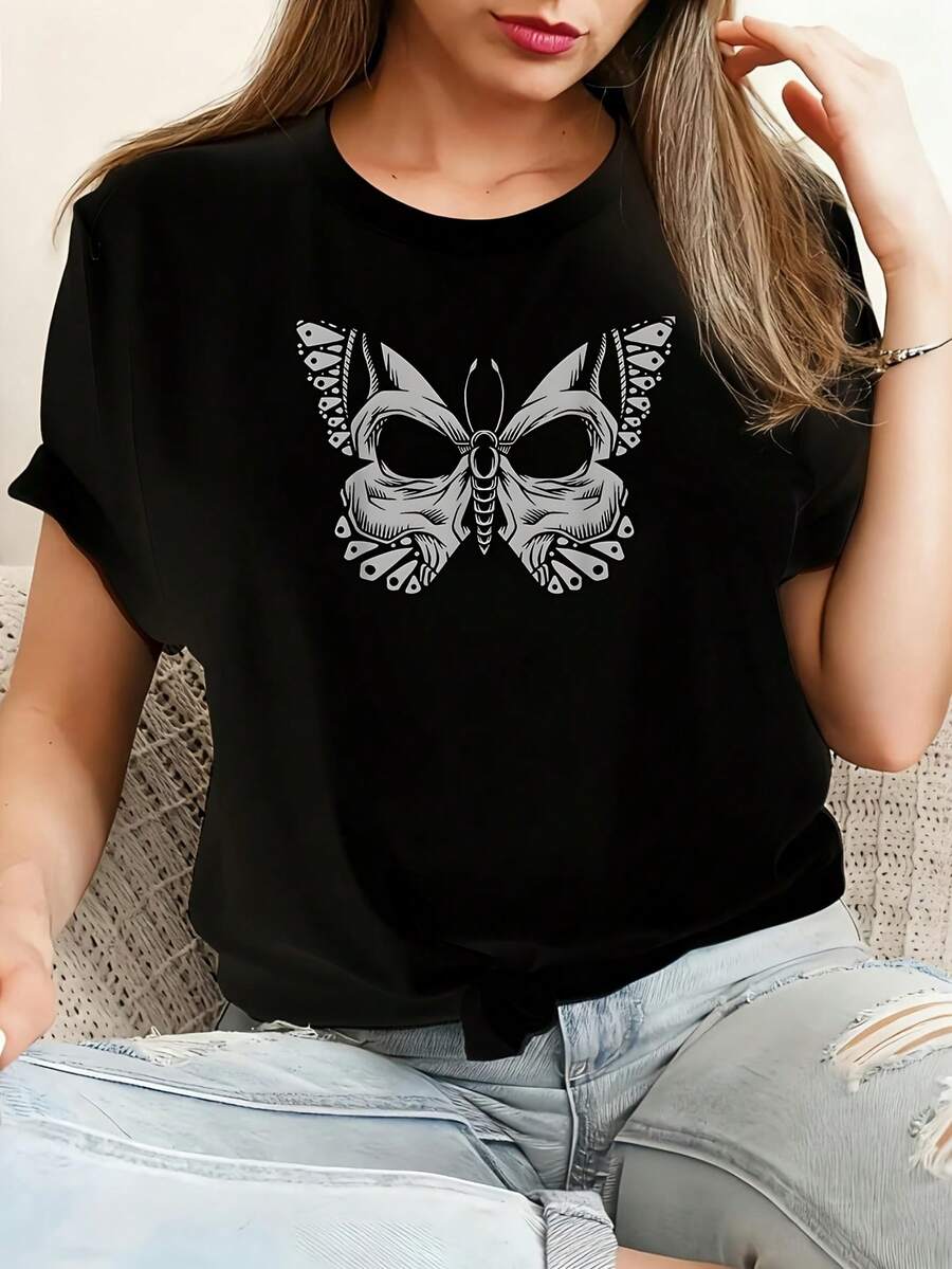 Skull Butterfly Camiseta de algodón 100% femenino camiseta Casual 220g Funny Graphic Short Sleeve 1 PCS Tee Novelty Crew Neck Oversized Top - Negro - Ver 1